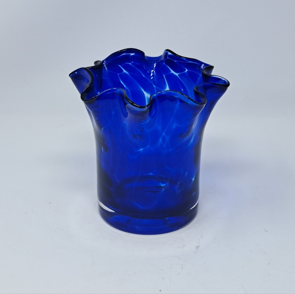Blue Art Glass Vase With Ruffled Type Edge